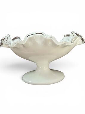 Fenton Silver Crest Milk Glass Ruffled Pedestal Compote Candy Dish Bowl Vintage